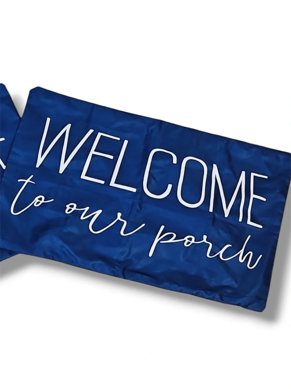 SET OF 2 ‘Welcome to Our Porch’ 20” Navy Blue & White Outdoor Pillows & Covers